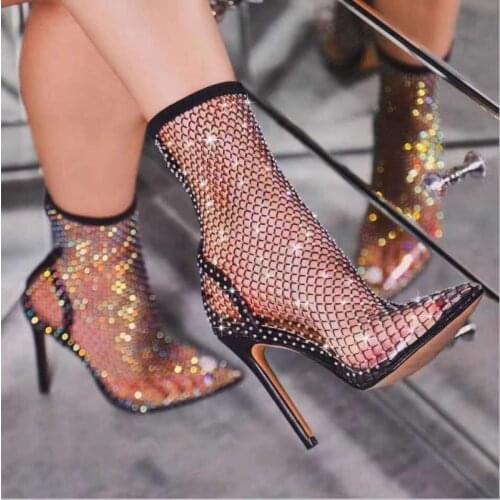 2021 European Sexy Black Stiletto Pointed Toe Sexy Hollow Mesh Fishnet Socks Boots Ladies High-heeled Ankle Boots