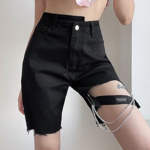 2021 Summer Denim Shorts Black Gothic High Waist Women Hot Girls New Punk Style Street Chains Leg Loop Puttee Ripped Short Jeans