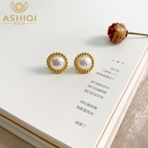 ASHIQI Natural freshwater pearl Stud earrings 925 sterling silver Jewelry for women 2021 new