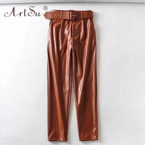 ArtSu England Style Fashion High Waist Faux Leather PU Pants Winter Women Harem Pants With Belt Streetwear Casual Pantalon Femme