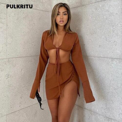 Pulkritu Autumn Beach Holiday INS Womens Two 2 Piece Set Sexy Night Party Slit Side Mini A-line Skirts and Blouses Matching Set