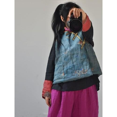 Women Loose Printed Ramie Padded Vest Ladies Vintage Chinese Style Padded Waistcoat Outerwear Female Vests Spring Autumn