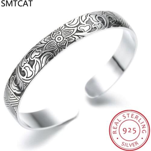 Fashion 925 Sterling Silver Woman Lucky Cuff Bracelet Lotus Flower Bangle Girls Party Jewelry Gifts