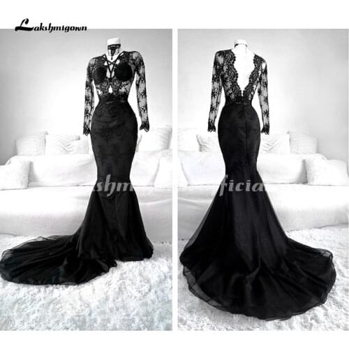 Vintage Gothic Black Wedding Dresses for bride 2021 Lace black Mermaid wedding dress with deep v back Wedding Gown