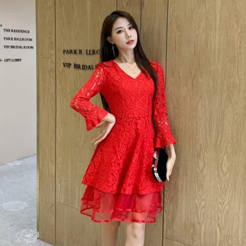 2020 High-end Womens V Neck Long Sleeve Elegant Party Dresses Spring Sexy Office A Line Dresses Vintage Red Lace Dress Vestidos