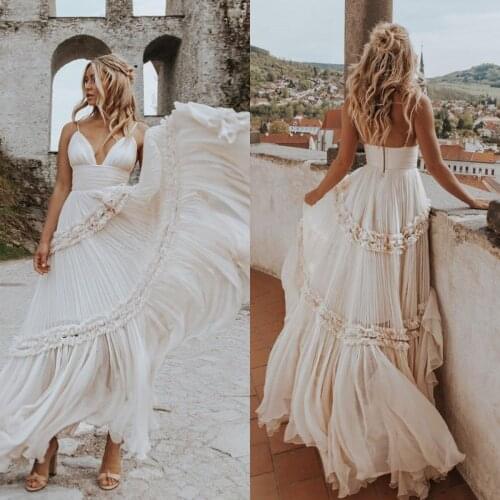Bohemian Spaghetti Wedding Dresses Boho Maxi A Line V Neck Bridal Gowns Tiered Skirts GYPSY Vestido De Noivas