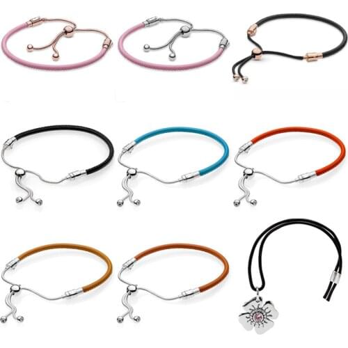 100% 925 Sterling Silver Colorful Moments Pink Leather Sliding Daisy Clasp Opener Bracelet Fit Fashion Bead Charm Trendy Jewelry