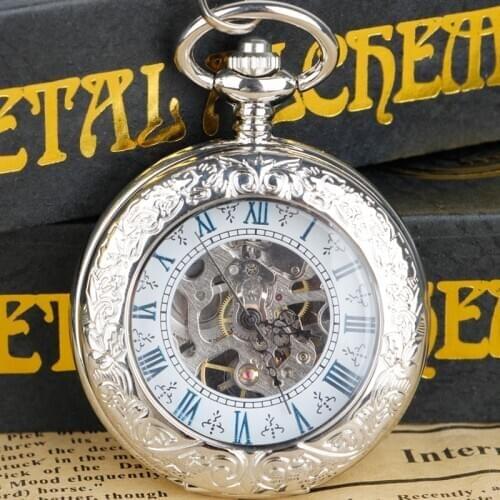 Romen Style Automatic Skeleton Mechanical Pocket Watch Hand-winding with Fob Watches and Box for Man Women PJX054