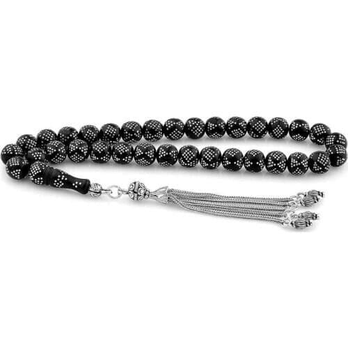 Jet Stone Rosary (Tasbih) with Silver Inlays