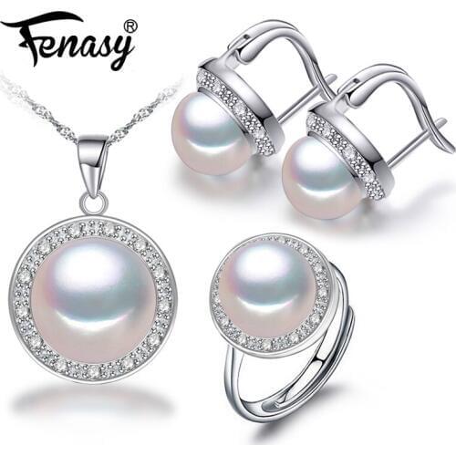 FENASY 925 Sterling Silver Jewelry Sets Round Shape Pendant Necklaces For Women Classic Stud Earrings Ring Set
