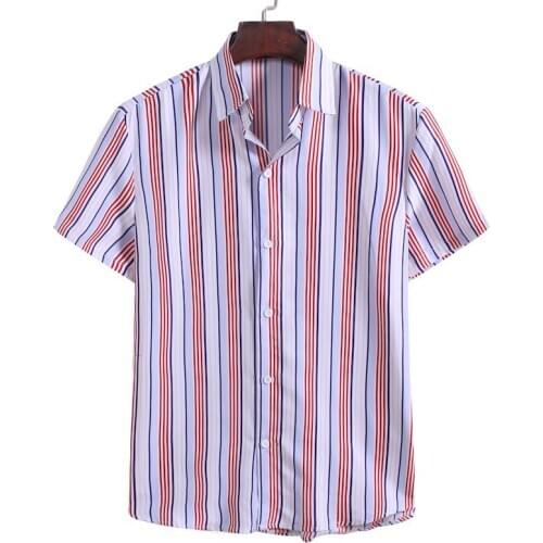 Mens Summer Hawaiian Shirt Casual Button Striped Print Short Sleeve Streetwear Shirt Beach Blouses Shirt Men Chemise Homme