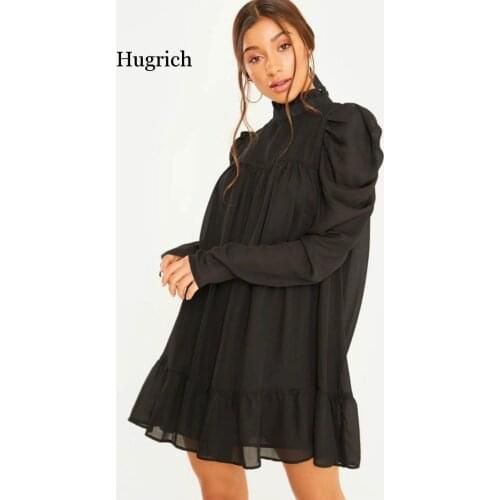Hot Sale New 2021 Autumn Fashion Solid elegant Women Dress Puff Sleeve Small Turtleneck Ruffles A-Line plus size Chiffon Dresses