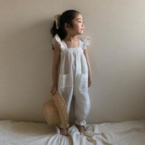 Toddler Girl Jumpsuit Korean Girls' Geometric Cotton Hemp Leisure One-piece Fly Sleeve Lace Pocket and Back Pants