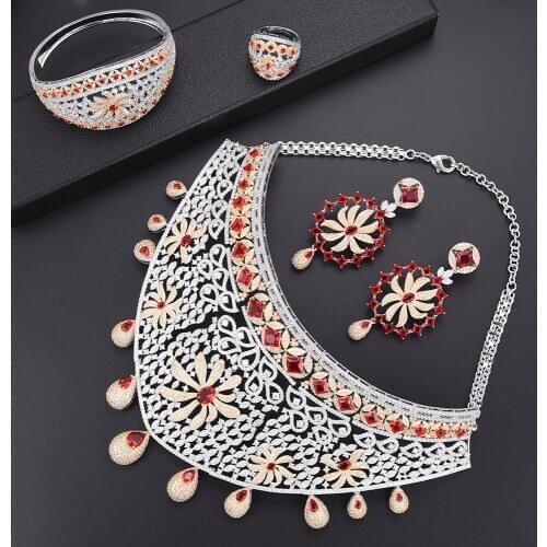 LARRAURI 2019 Hot Luxury Womens Jewelry Sets Red Austria Crystal Big Necklace Bangle Earrings Ring Charm Female Jewelry Sets