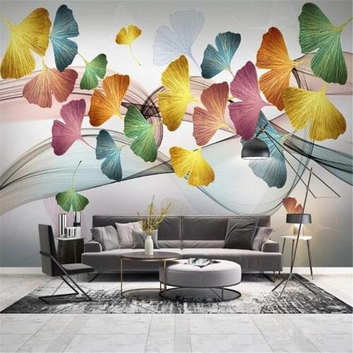 Milofi small fresh light luxury nordic modern minimalist hand painted ginkgo leaf abstract line background wall painting