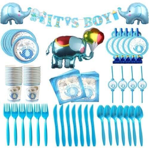Blue Baby Elephant Theme Birthday Disposable Tableware Sets Banner Tablecloth Cups And Plates Baby Shower Party Supplies
