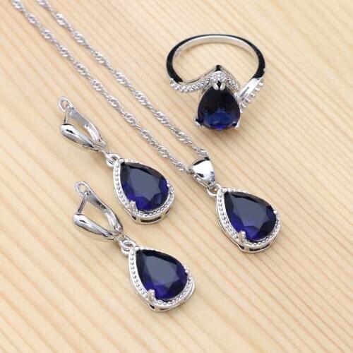 925 Sterling Silver Jewelry Sets For Women Blue Cubic Zirconia Necklace Earrings Pendant Ring Set Water Drop Jewelry