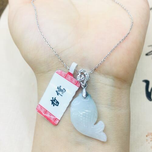 Natural Burmese Ajadeite carved beautiful fish pendant with 925 sterling silver necklace Elegant ladies jade clavicle chain