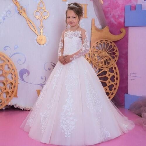 NEW White Flower Girl Dresses First Communion Dresses for Girls Beaded Applique Kids Evening Gowns