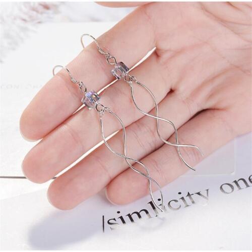 New Fashion Long Tassel Wave Line Ear Wire 925 Sterling Silver Jewelry Square Crystal Personality Women Dangle Earrings SE725