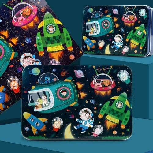 100PCS Wooden Puzzle Baby Cartoon Animal Dinosaur Astronaut Jigsaw Puzzle with Iron Box Educational Learning Toys for Kids Gifts