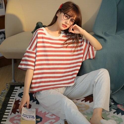 Pajamas womens summer cotton short sleeve trousers thin cartoon cute Korean loose women can wear home suit