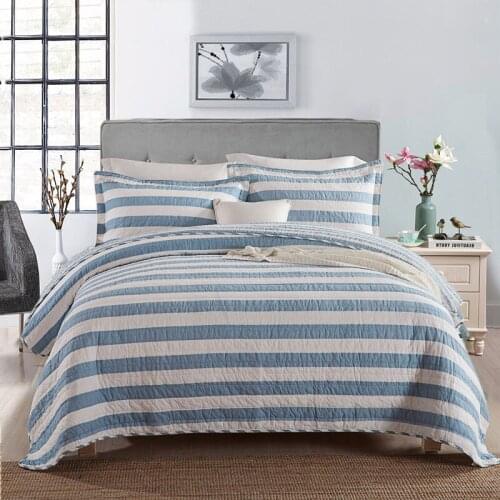 Plain Stripe Quilt Set 3PCS Bedspread for Bed With 2*Pillowcase 100% Cotton Soft Queen Size Coverlet Summer Blanket