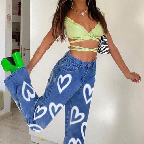 Heart Printed Straight Jeans Fashion High Waist Baggy Wide Leg Jeans Women Casual Loose Blue Denim Pants Streetwear