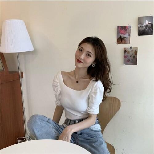 Woman TShirts Square Collar Womens T-shirt Puff Sleeve Knitted Short-Sleeved Shirt Crop Top Mujer Camisetas