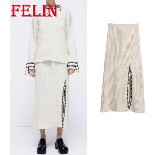 Za 2021 Chic Side Split White Knitted Midi Skirts Women Fashion Autumn Wool Elegant Warm Casual Straight Skirts Minimalist
