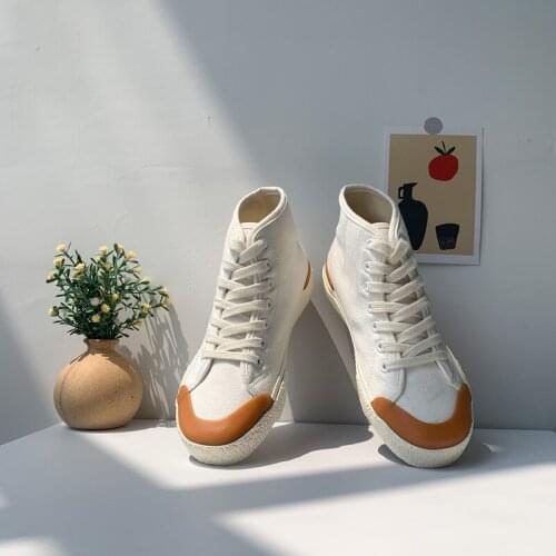 Student Chic Retro White Shoes Women New High-top Vintage Canvas Shoes Women High-top Lace-up Ootd Board Shoes Female Size 35-40