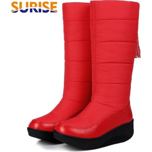 Plus Size 44 Winter Warm Down Women Mid-calf Snow Boots Round Toe Red Plush PU Leather Waterproof Lady Wedge Platform Half Boots