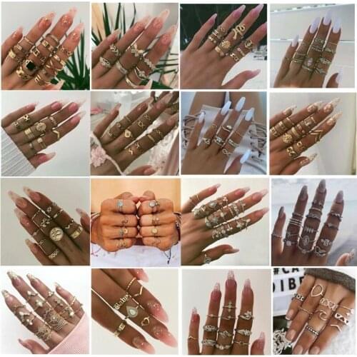 Fashion Geometric Elements Vintage Rings Set Alphabet Stars Snake Crystal Joint Rings Women Beach Bikini Set Rings Wholesale