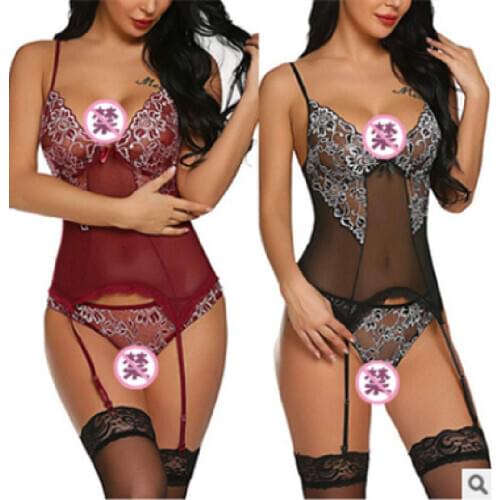 New European and American See-Through Lace Floral Low Bra Onesies Thin Bodysuit&Garter 2PCS Set S-XL