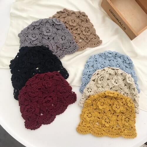 Hand-Woven Hollow Flower Wool Beret Female Autumn and Winter Temperament Retro Melon Fur Hat Knitted Painter Hat