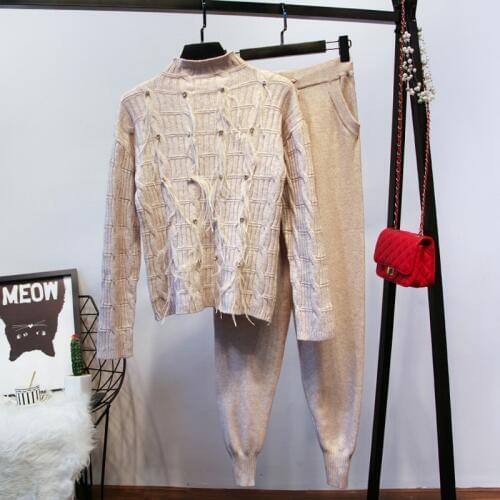 Amolapha Women Handmade Fur Beading Knitting Pullovers Sweaters+Pants Clothing Sets Soft Knitted Tracksuits