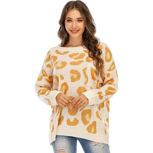 Women Leopard Printed Knitted Pullover Sweater Loos Knit Jumper Womens casual pullover leopard print loose knit sweater