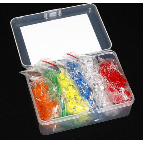 600pcs/Box (6 colors x 100pcs) White Red Green Blue Yellow Orange 5mm LED Diffused Light-Emitting Diode 3V Lamp Assorted Kit Set