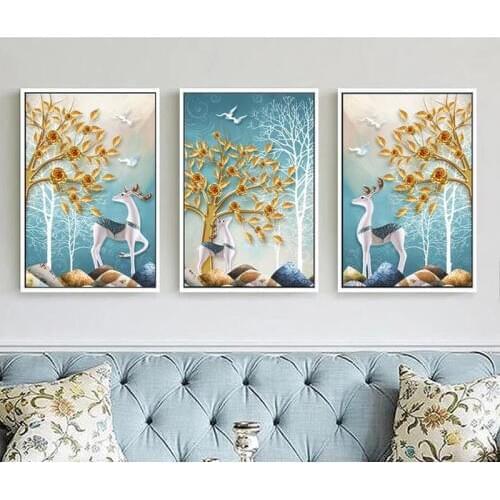 Diamond Embroidery Mosaic Painting Cross Stitch Full North European Elk Golden Leaves Rich Trees Triptych DIY 5D Decoration Gift
