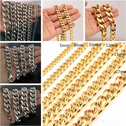 8/10/12/15/17/19mm Wide Silver/Gold Color Cuban Curb Link Chain Bracelet/Necklace Mens Stainless Steel Jewelry 7-40inch