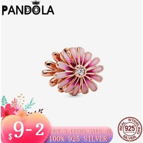 2021 new 925 Sterling Silver Pink Daisy Flower Charms Beads fit Original Pandora Charms Bracelet Jewelry Making Accessories