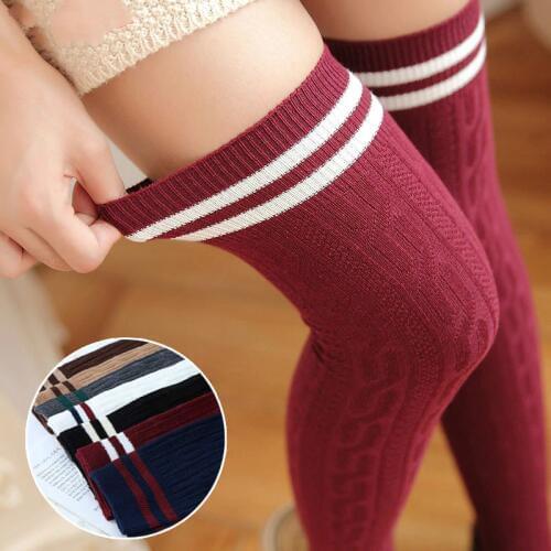 Japanese College Style Twist Vertical Striped Thigh High Stockings Sweet Over the Knee Stockings for Women