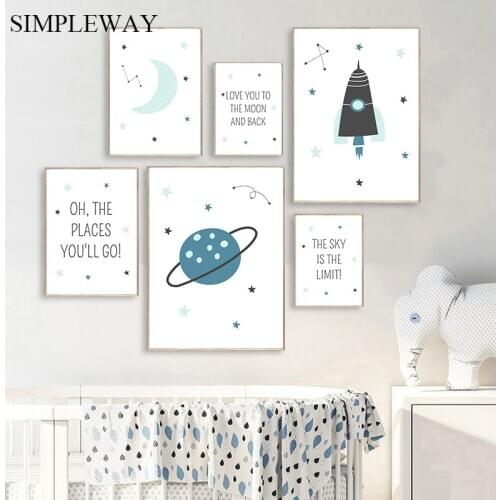 Baby Nursery Cartoon Canvas Wall Art Print Universe Space Rocket Painting Simplicity Picture Nordic Kids Boy Bedroom Decoration