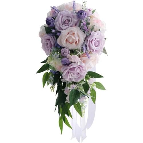 Cascading Wedding Bridal Bouquet, Wedding Holding Bouquet With Artificial Roses Flowers Long Ribbon, Perfect For Church