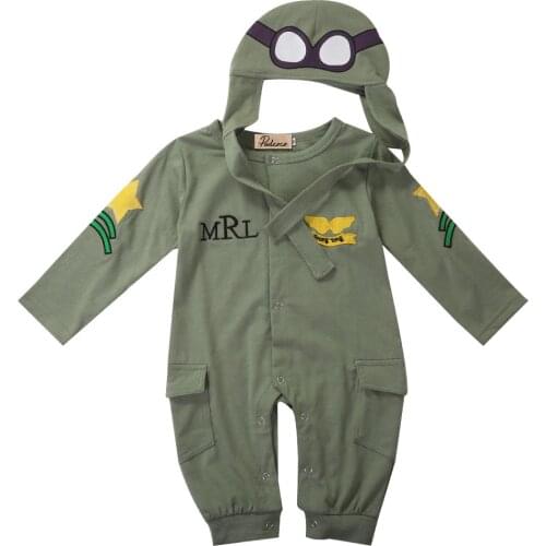 Newborn Infant Kids Baby Boys Casual Romper Hats 2PCS Long Sleeve Cartoon Print Jumpsuits Clothes