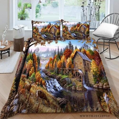 3D Mountain Hut Bedding Set Deer Print Autumn Scenery Duvet Cover Cartoon Queen King Double Single Twin Full Artistic Bed Set