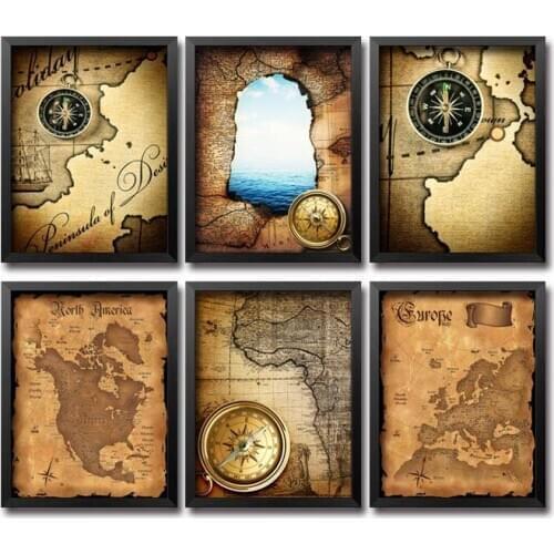 American Style Retro Creative Map Compass Landscape Feather Pen Clock Canvas Painting Wall Picture Poster Living Room Decoration