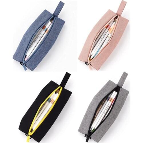 Fashion Pencil Case Handbag, Solid Color Zipper Closure Large Capacity Pen Bag School Stationery Organizer with Short Handle