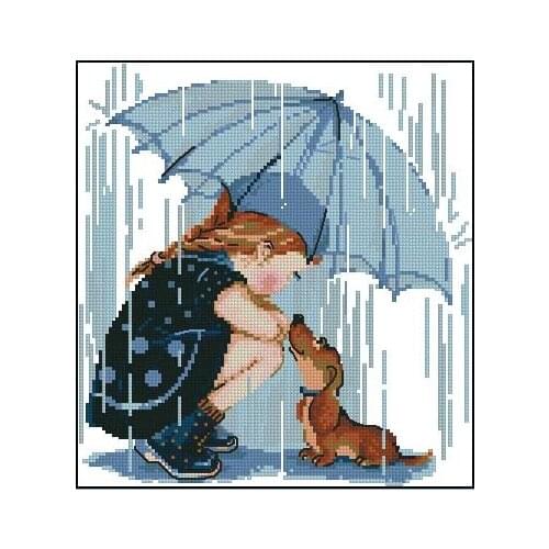 Girl and puppy little dog in the Rain Embroidery Needlework 14CT Unprinted Cross Stitch Kits Art DIY Handmade Home Decor