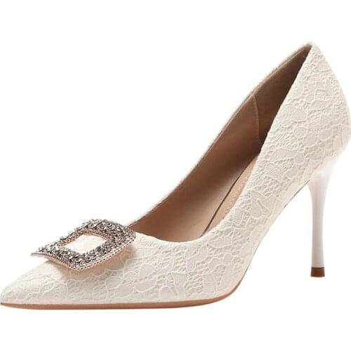 New Lace Wedding Shoes Square Buckle Rhinestone High Heels Stiletto Point Toe Bridal Shoes Womens Single Shoes